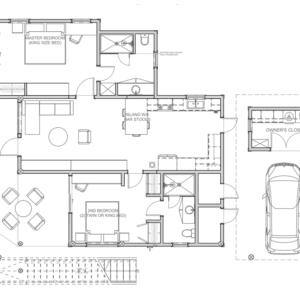 A floor plan of a house with car and furniture.