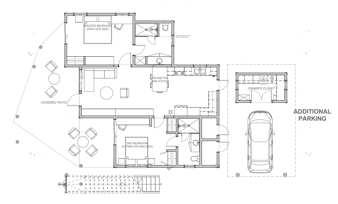 A floor plan of a house with car and furniture.