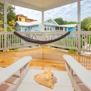 A dog laying on the ground in front of a hammock.