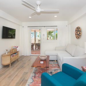 A living room with white walls and wooden floors.