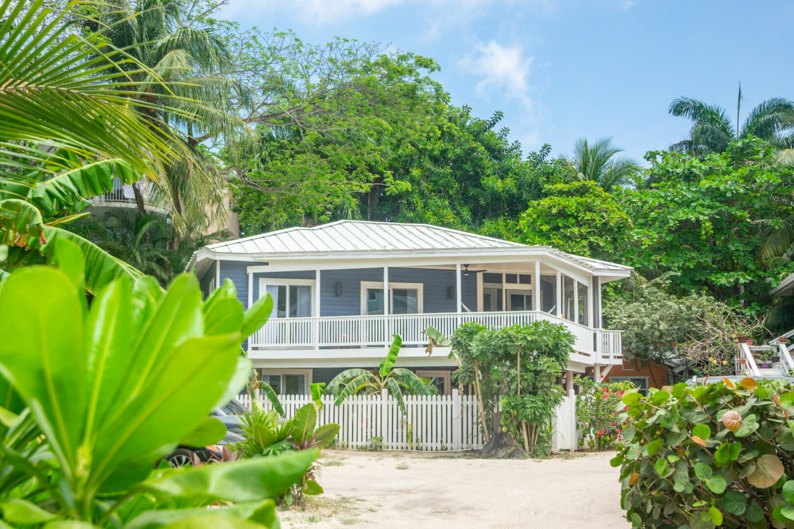 A house with a white fence and palm trees in the background.